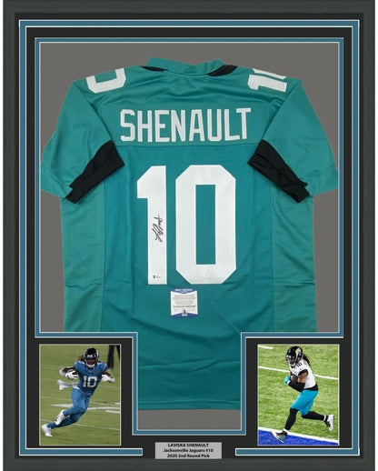 Framed Autographed/Signed Laviska Shenault 35x39 Jacksonville Teal Football Jersey Beckett BAS COA