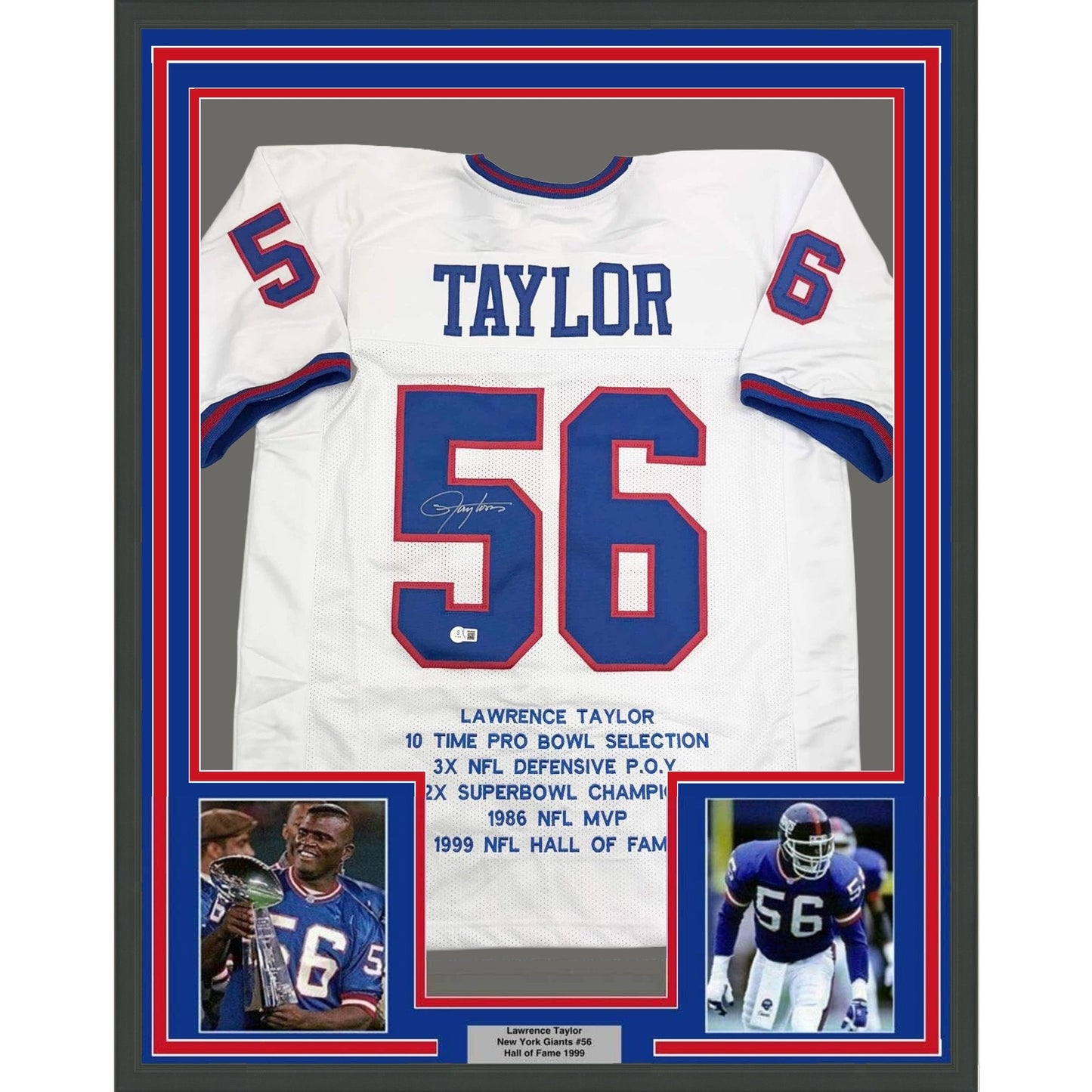 Framed Autographed/Signed Lawrence Taylor 35x39 New York White Stat Football Jersey Beckett BAS COA