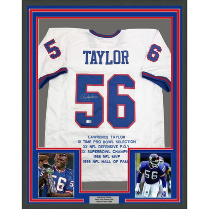 Framed Autographed/Signed Lawrence Taylor 35x39 New York White Stat Football Jersey Beckett BAS COA