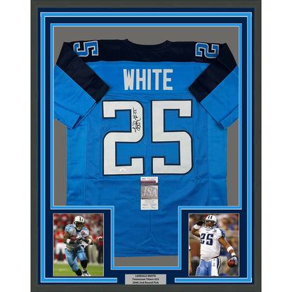 Framed Autographed/Signed LenDale White 35x39 Tennessee Light Blue Football Jersey JSA COA