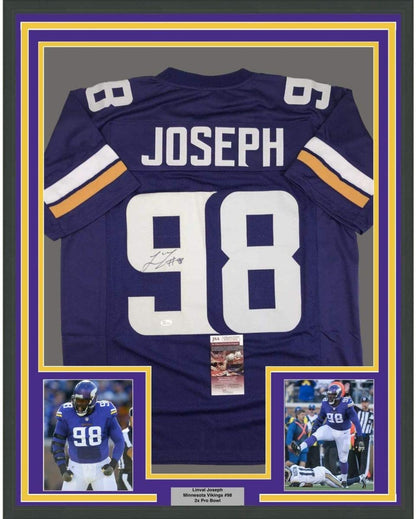 Framed Autographed/Signed Linval Joseph 35x39 Minnesota Purple Football Jersey JSA COA