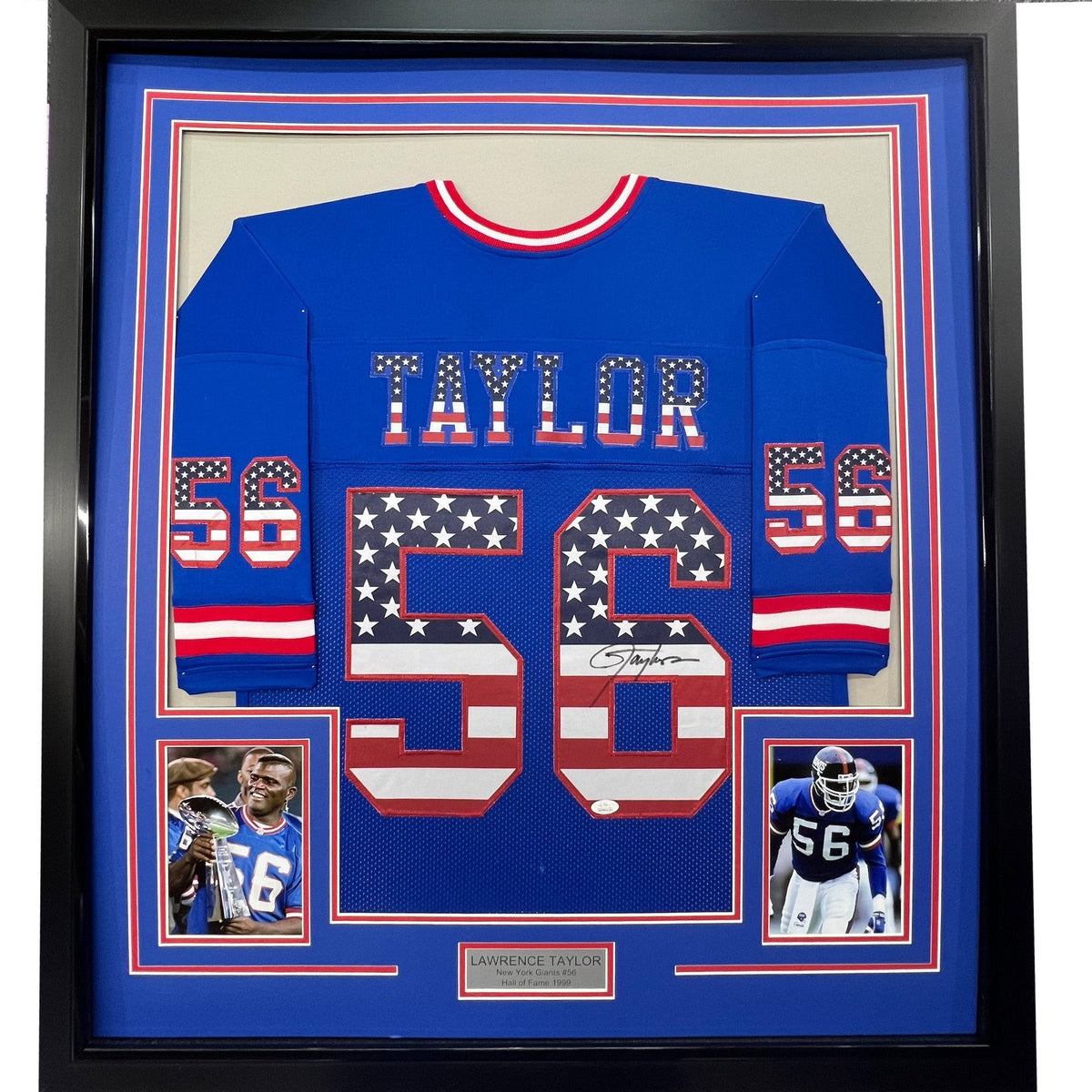Framed Autographed/Signed Lawrence Taylor 35x39 New York Blue USA American Flag Football Jersey Beckett BAS COA
