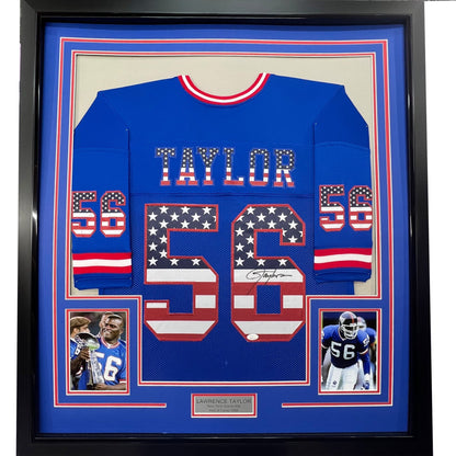 Framed Autographed/Signed Lawrence Taylor 35x39 New York Blue USA American Flag Football Jersey Beckett BAS COA