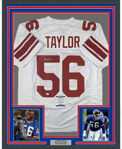 Framed Autographed/Signed Lawrence Taylor 35x39 New York White Football Jersey Beckett BAS COA