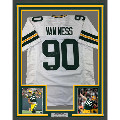 Framed Autographed/Signed Lukas Van Ness 35x39 Green Bay White Football Jersey Beckett BAS COA