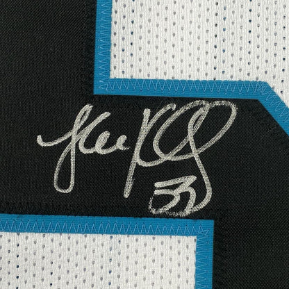 Framed Autographed/Signed Luke Kuechly 35x39 Carolina White Football Jersey Beckett BAS COA
