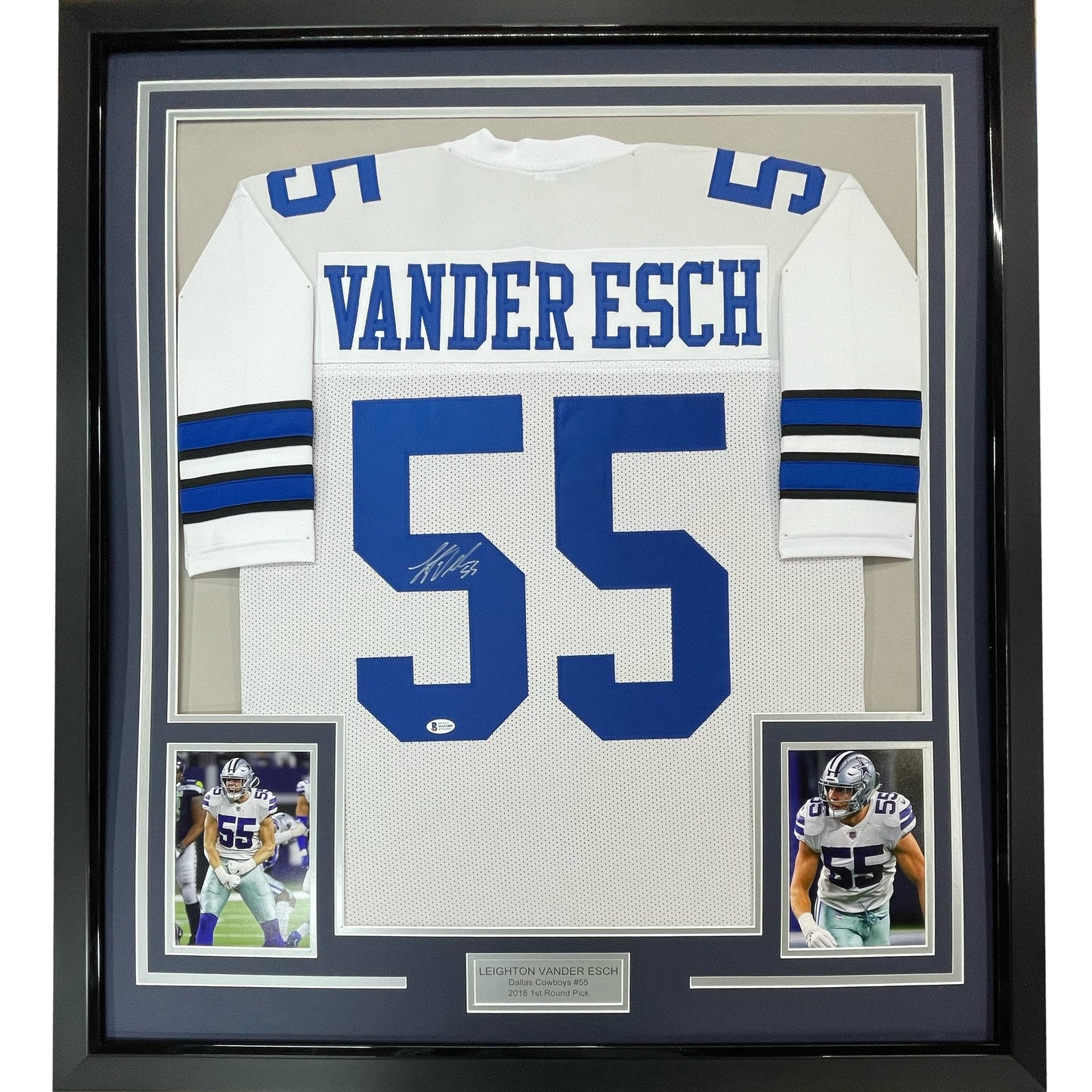 Framed Autographed/Signed Leighton Vander Esch 35x39 Dallas White Football Jersey JSA COA