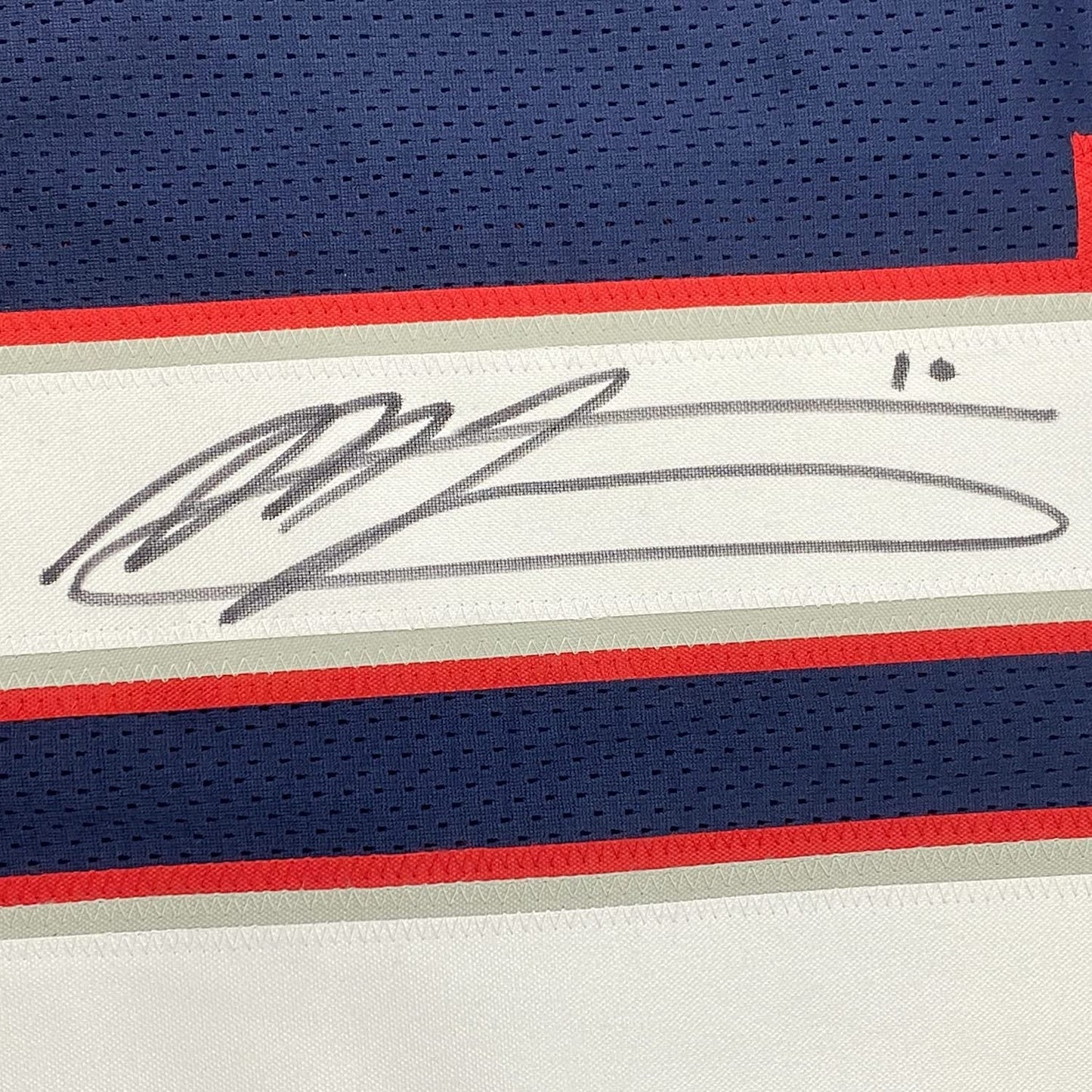 Framed Autographed/Signed Mac Jones 35x39 New England Blue Football Jersey Beckett BAS COA