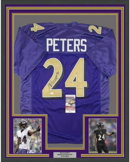 Framed Autographed/Signed Marcus Peters 35x39 Baltimore Color Rush Football Jersey JSA COA