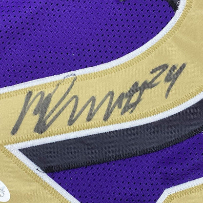 Framed Autographed/Signed Marcus Peters 35x39 Baltimore Color Rush Football Jersey JSA COA