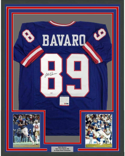Framed Autographed/Signed Mark Bavaro 35x39 New York Blue Football Jersey PSA/DNA COA