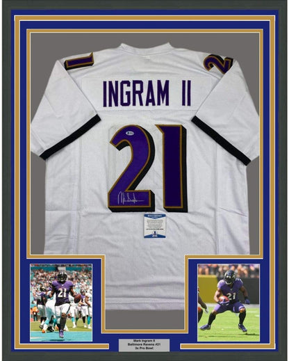 Framed Autographed/Signed Mark Ingram II 35x39 Baltimore White Football Jersey Beckett BAS COA