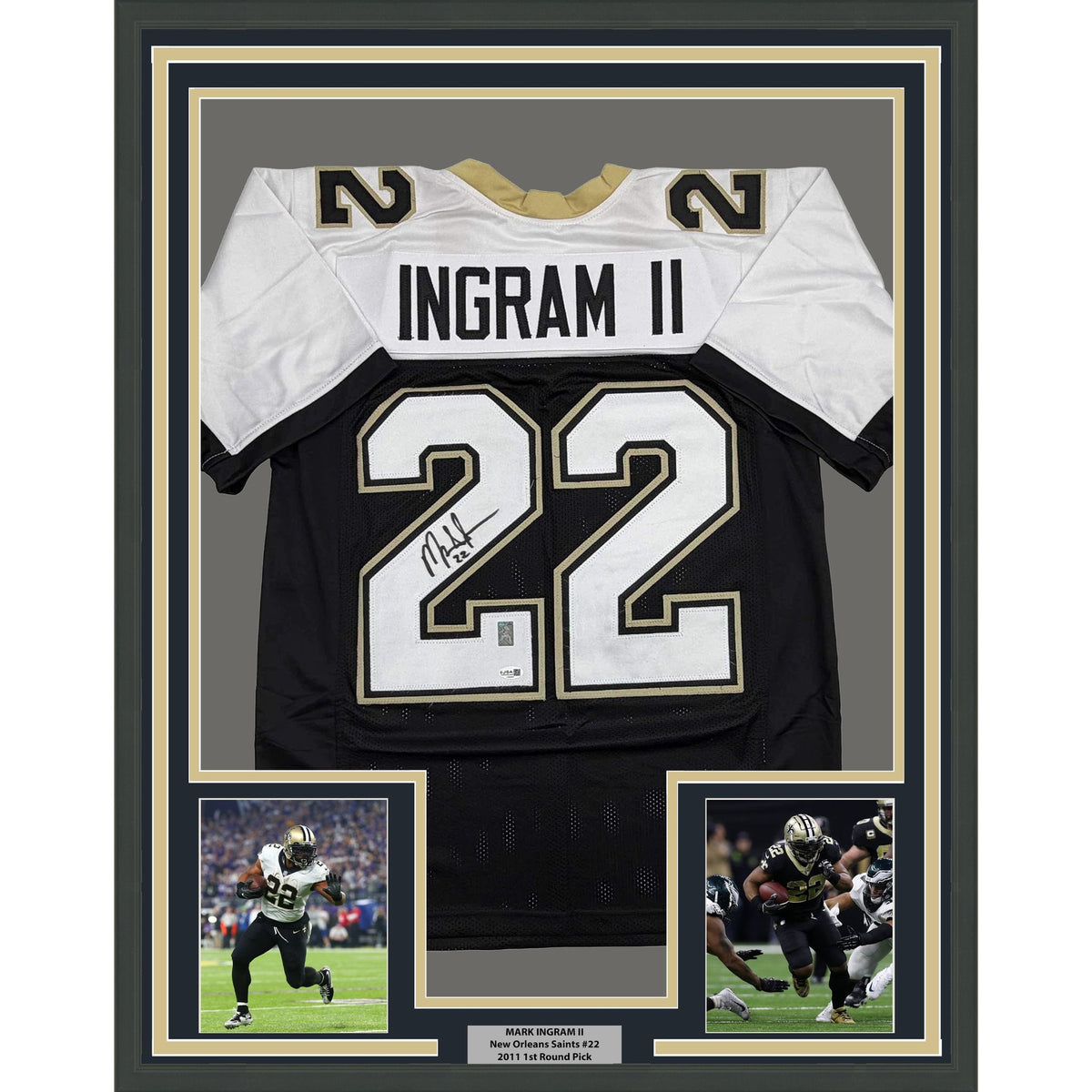 Framed Autographed/Signed Mark Ingram II 35x39 New Orleans Black Alternate Football Jersey JSA COA