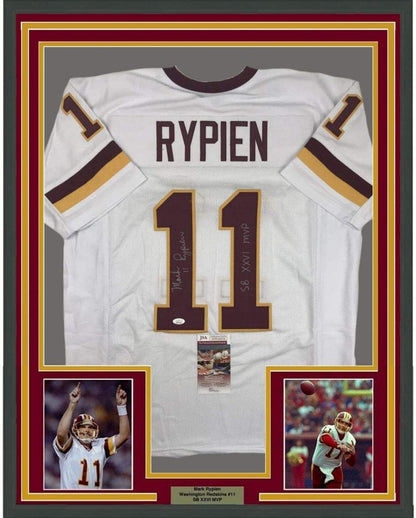 Framed Autographed/Signed Mark Rypien SB XXVI MVP 35x39 Washington White Football Jersey JSA COA