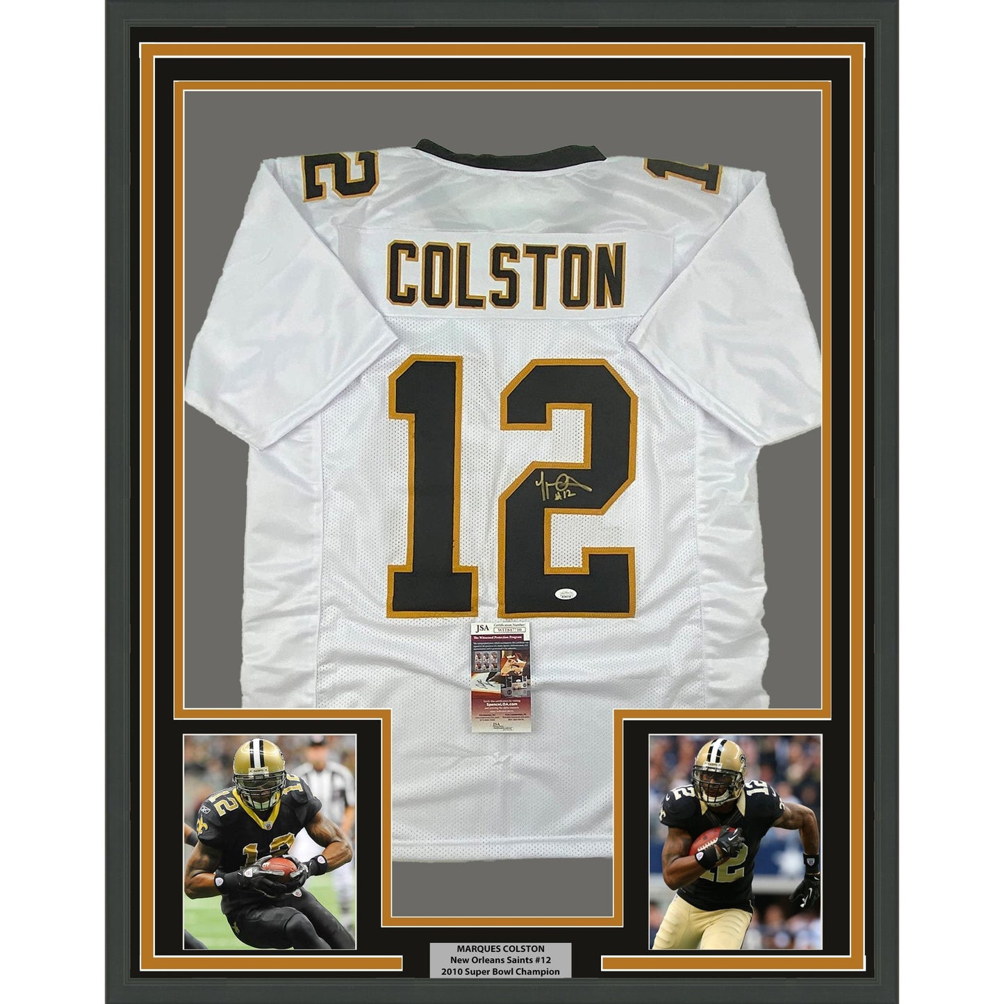 Framed Autographed/Signed Marques Colston 35x39 New Orleans White Football Jersey JSA COA