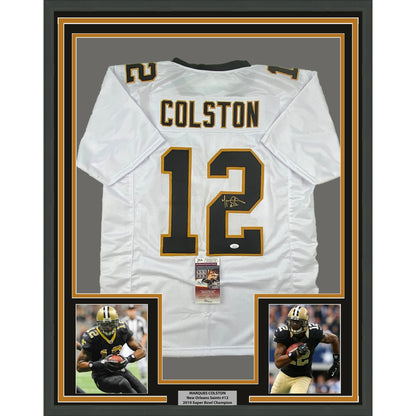 Framed Autographed/Signed Marques Colston 35x39 New Orleans White Football Jersey JSA COA