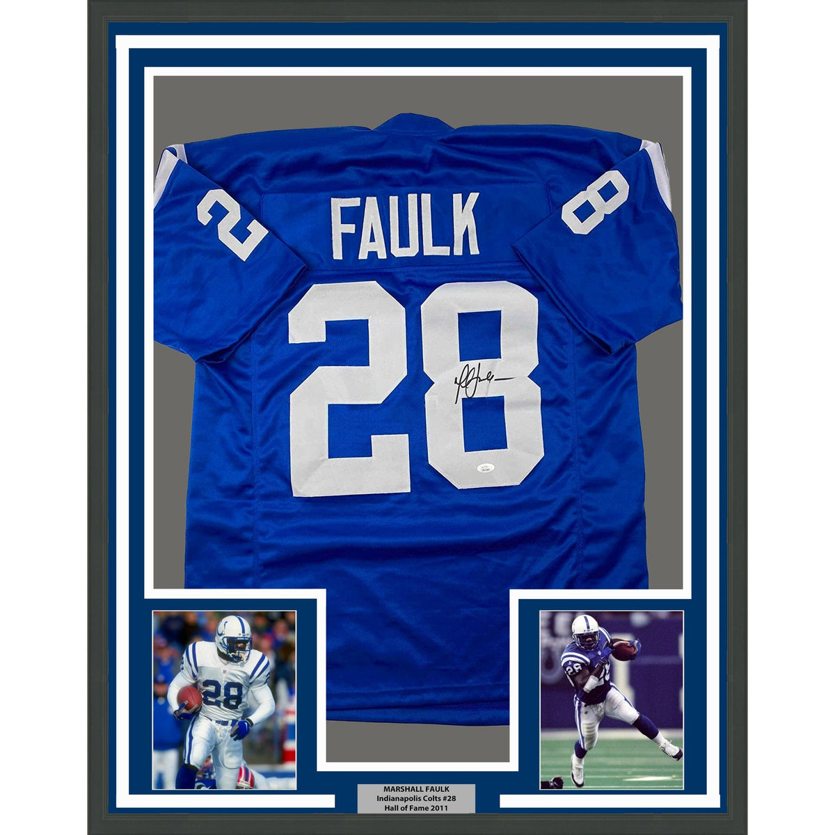 Framed Autographed/Signed Marshall Faulk 35x39 Indianapolis Blue Football Jersey JSA COA