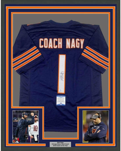 Framed Autographed/Signed Matt Nagy 35x39 Coach Chicago Blue Football Jersey Beckett BAS COA