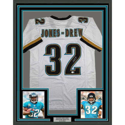 Framed Autographed/Signed Maurice Jones-Drew 35x39 Jacksonville White Football Jersey Beckett BAS COA
