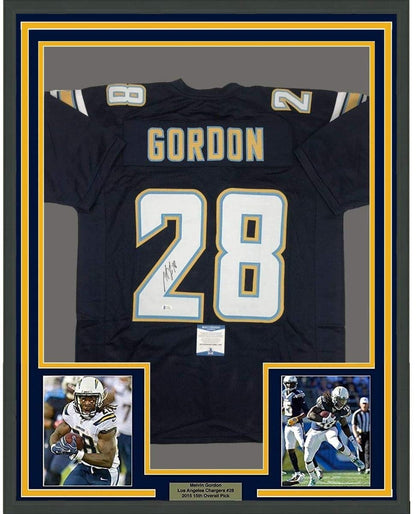 Framed Autographed/Signed Melvin Gordon 35x39 Los Angeles LA Chargers Dark Blue Football Jersey Beckett BAS COA