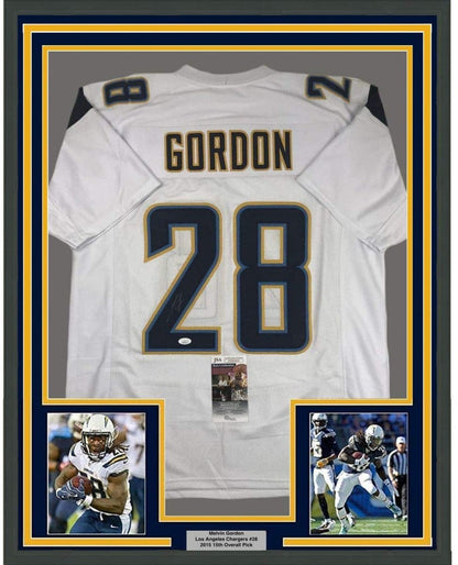 Framed Autographed/Signed Melvin Gordon 35x39 Los Angeles LA White Football Jersey JSA COA