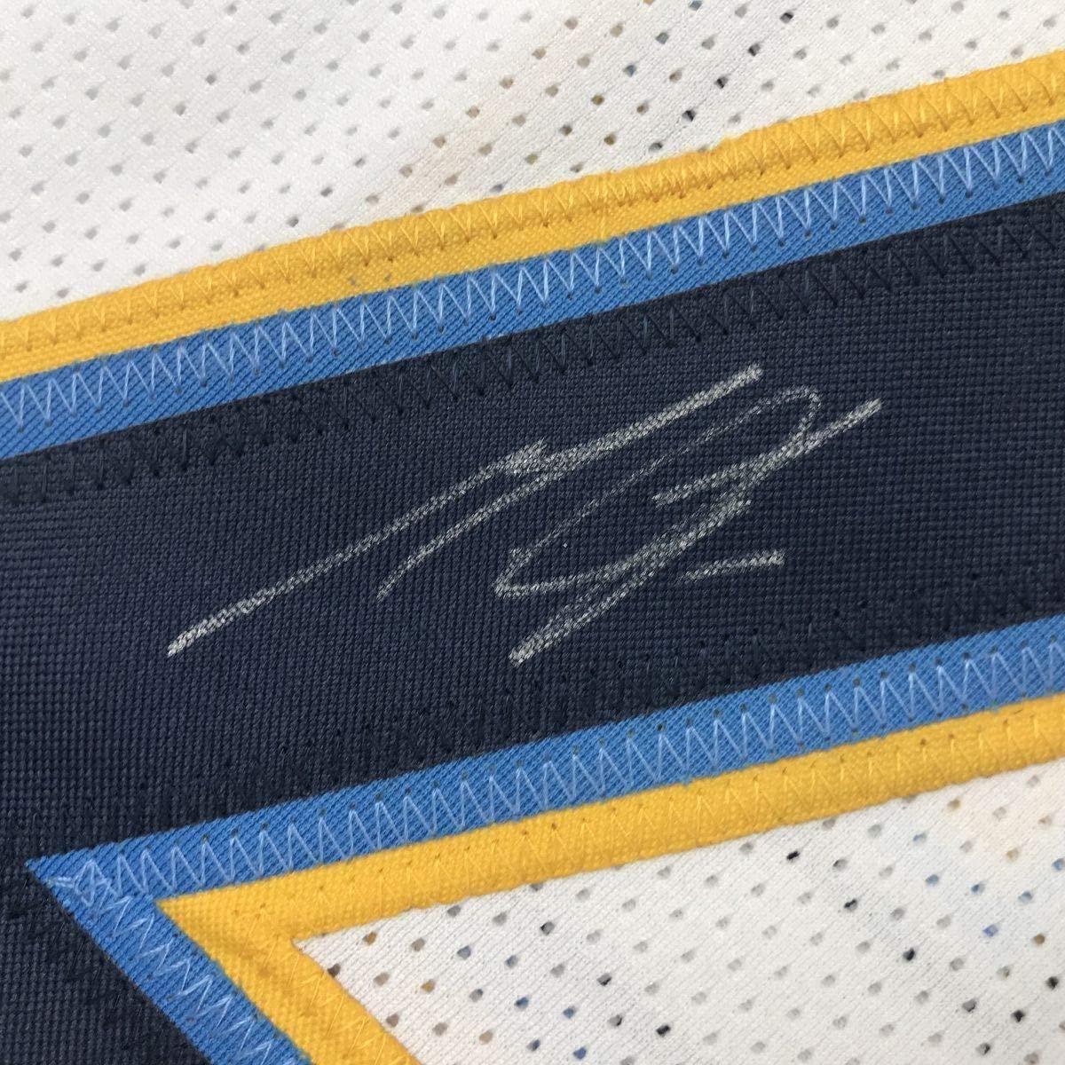 Framed Autographed/Signed Melvin Gordon 35x39 Los Angeles LA White Football Jersey JSA COA