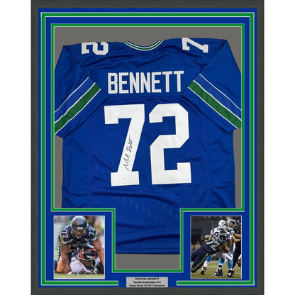 Framed Autographed/Signed Michael Bennett 35x39 Seattle Blue Retro Football Jersey JSA COA
