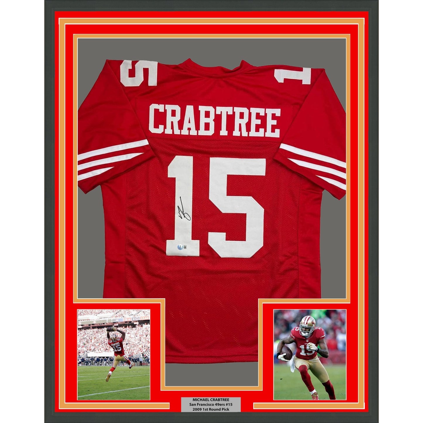 Framed Autographed/Signed Michael Crabtree 35x39 San Francisco Red Football Jersey Beckett BAS COA
