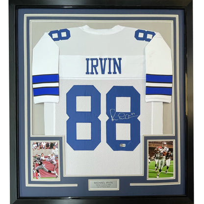 Framed Autographed/Signed Michael Irvin 35x39 Dallas White Football Jersey Beckett BAS COA