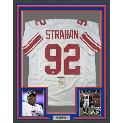 Framed Autographed/Signed Michael Strahan 35x39 New York White Football Jersey JSA COA