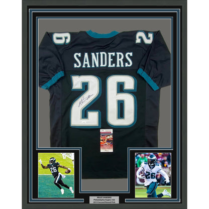 Framed Autographed/Signed Miles Sanders 35x39 Philadelphia Black Football Jersey JSA COA