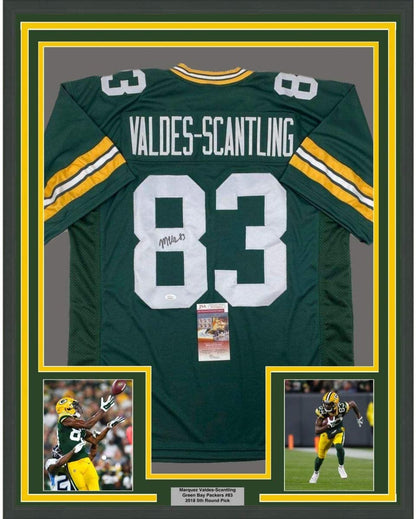 Framed Autographed/Signed Marquez Valdes-Scantling 35x39 Green Bay Green Football Jersey JSA COA
