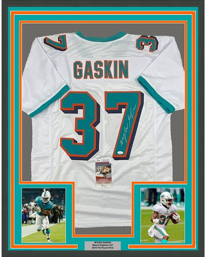 Framed Autographed/Signed Myles Gaskin 35x39 Miami White Football Jersey JSA COA