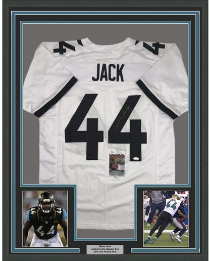 Framed Autographed/Signed Myles Jack 35x39 Jacksonville White Football Jersey JSA COA