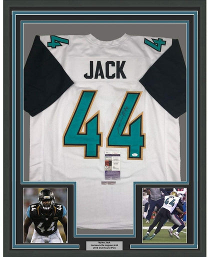 Framed Autographed/Signed Myles Jack 35x39 Jacksonville Retro White Football Jersey JSA COA