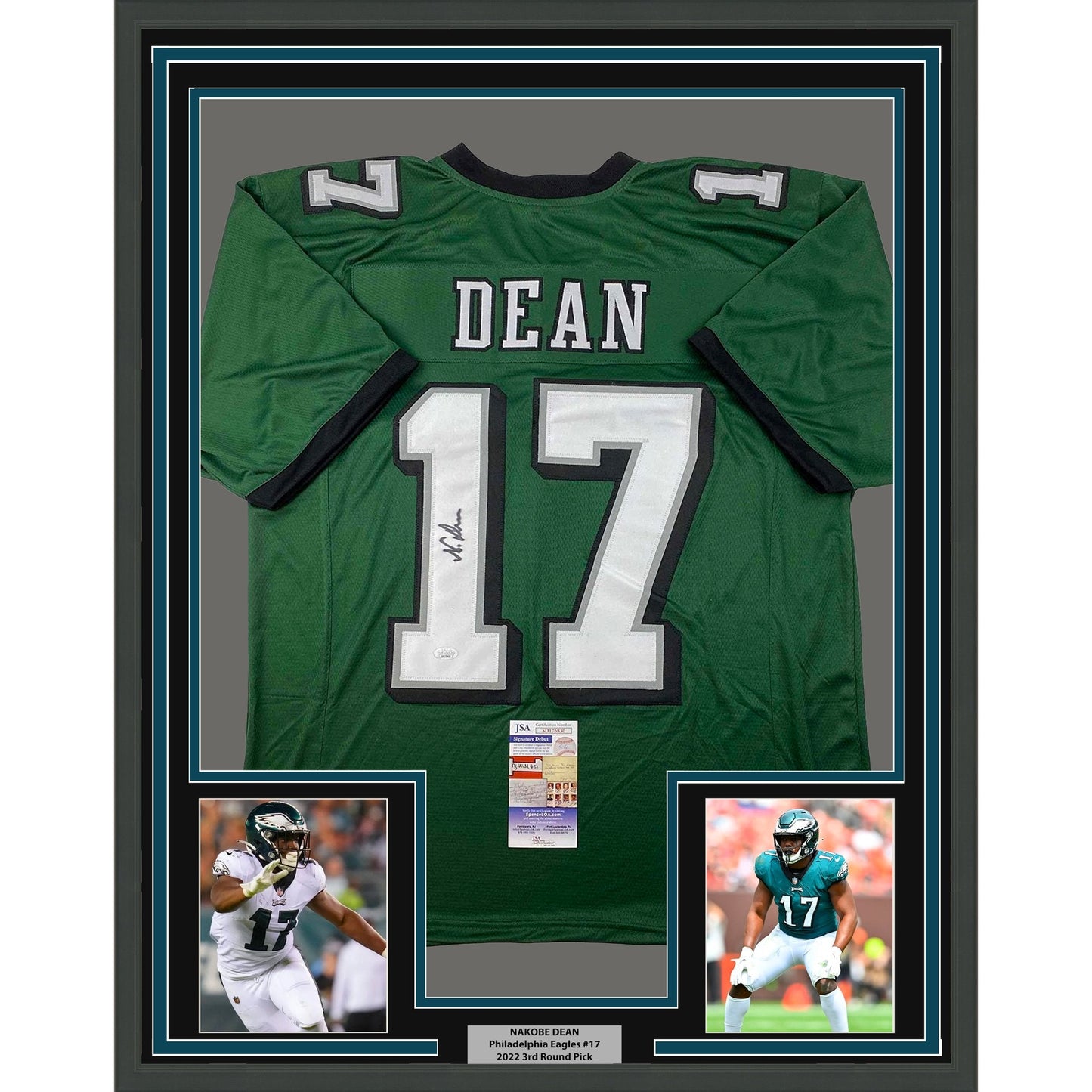 Framed Autographed/Signed Nakobe Dean 35x39 Philadelphia Green Football Jersey JSA COA