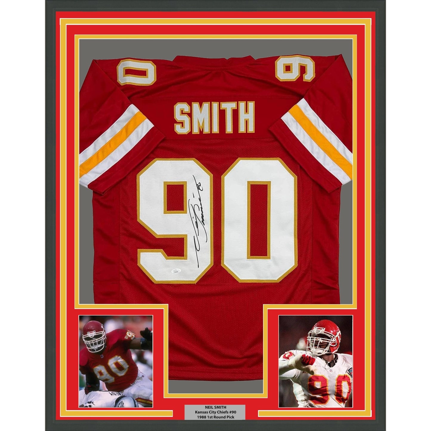Framed Autographed/Signed Neil Smith 35x39 Kansas City Red Football Jersey JSA COA