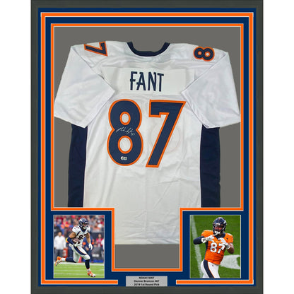 Framed Autographed/Signed Noah Fant 35x39 Denver White Football Jersey Beckett BAS COA