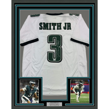 Framed Autographed/Signed Nolan Smith Jr. 35x39 Philadelphia White Football Jersey Beckett BAS COA