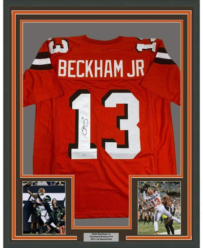 Framed Autographed/Signed Odell Beckham Jr. 35x39 Cleveland Orange Football Jersey Steiner Sports COA Hologram Only