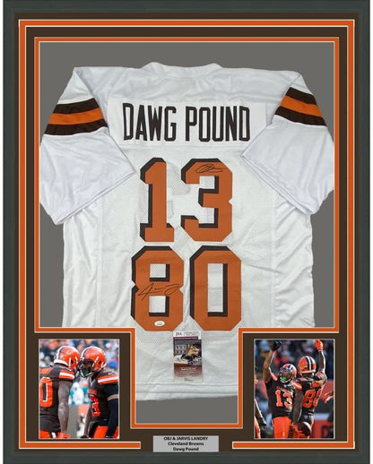 Framed Autographed/Signed Odell Beckham Jr. & Jarvis Landry 35x39 Cleveland White Football Jersey JSA COA