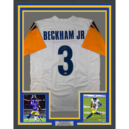 Framed Autographed/Signed Odell Beckham Jr. 35x39 OBJ Los Angeles LA White Football Jersey Beckett BAS COA