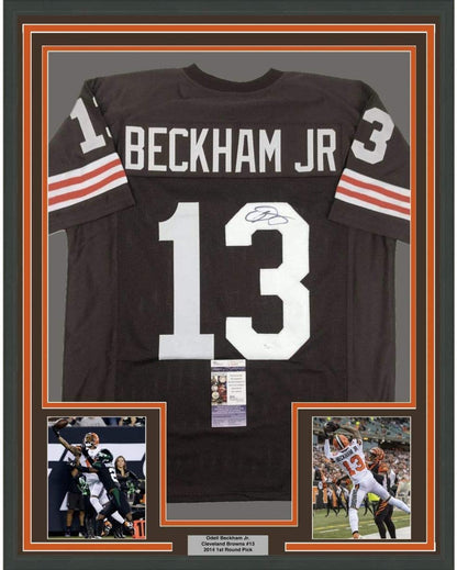 Framed Autographed/Signed Odell Beckham Jr. 35x39 Cleveland Retro Brown Football Jersey JSA COA