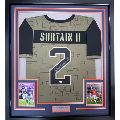Framed Autographed/Signed Patrick Surtain II 35x39 Denver Salute To Service Football Jersey JSA COA