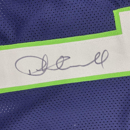 Framed Autographed/Signed Coach Pete Carroll 35x39 Seattle Blue Football Jersey Beckett BAS COA