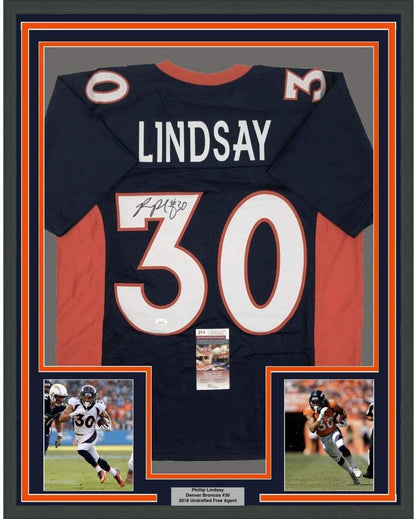 Framed Autographed/Signed Phillip Lindsay 35x39 Denver Blue Football Jersey JSA COA