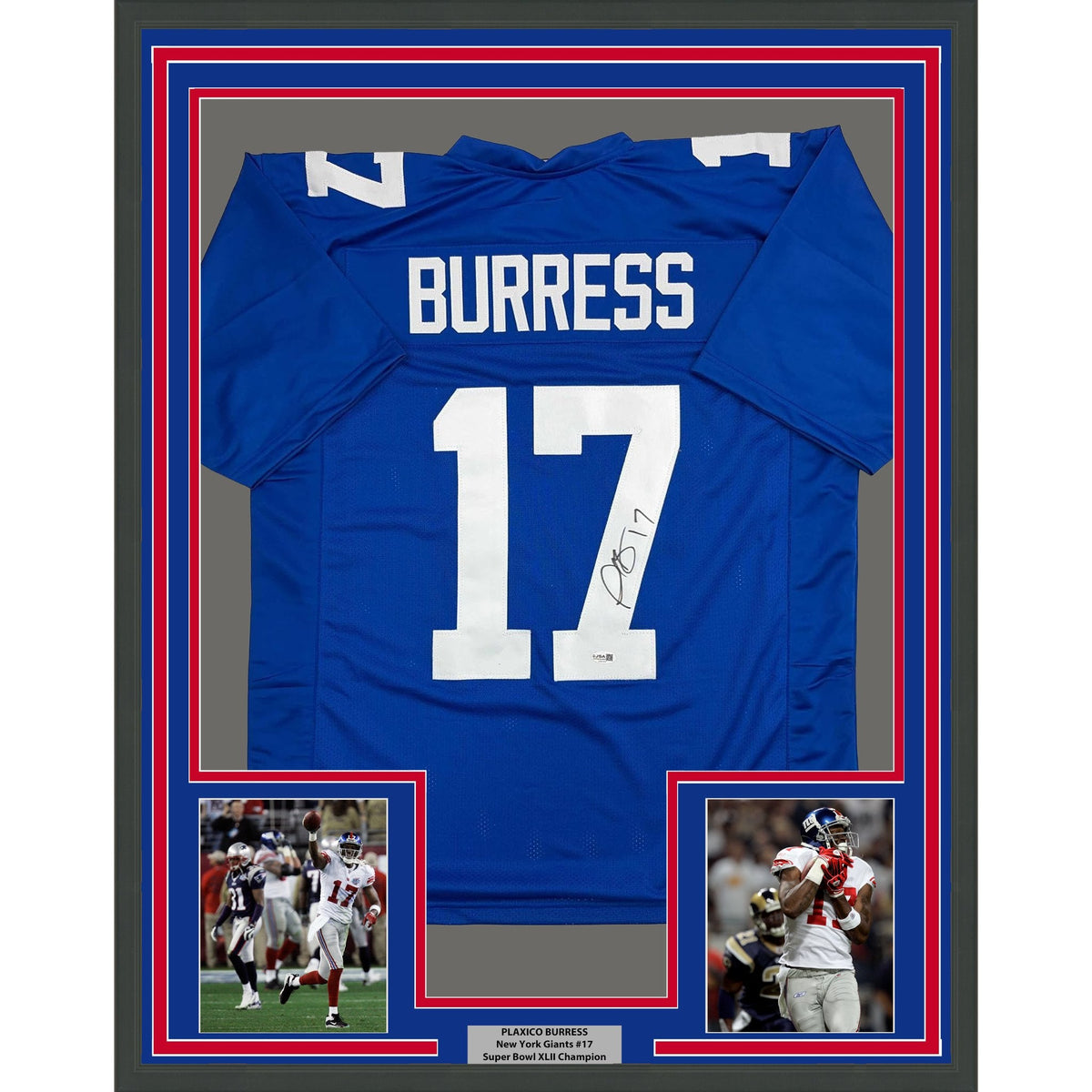 Framed Autographed/Signed Plaxico Burress 35x39 New York Blue Football Jersey JSA COA