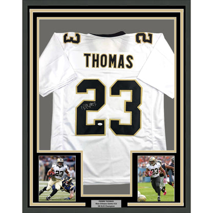 Framed Autographed/Signed Pierre Thomas 35x39 New Orleans White Football Jersey JSA COA