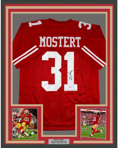 Framed Autographed/Signed Raheem Mostert 35x39 San Francisco Red Football Jersey JSA COA