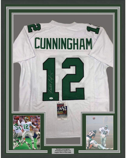 Framed Autographed/Signed Randall Cunningham 35x39 Philadelphia White Football Jersey JSA COA